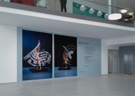 Two Photographs of an industrial Robot performing light paintings are seen printed onto a wall in a company Lobby 