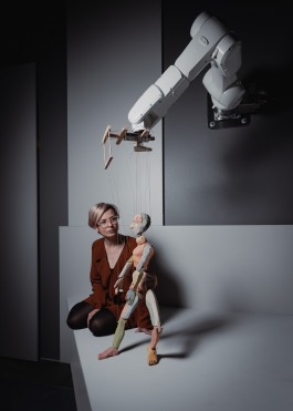 A woman sits next to a marionet suspended from an industrial robot.
